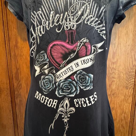 Harley Davidson Artistry in Iron Sacred Heart Rhinestone Y2K T Flawed Small - Picture 7 of 10